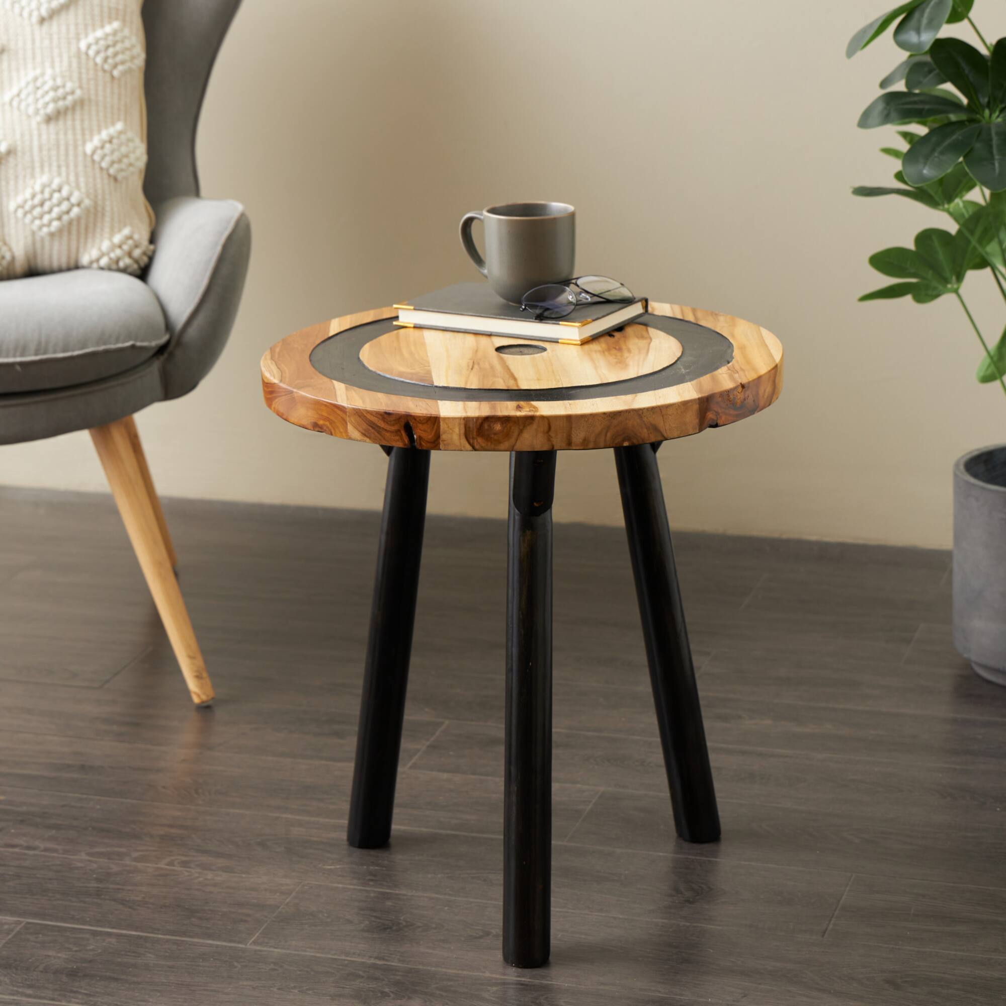 22" Brown Teak Wood Round Accent Table with Geometric Layered Circle Design and Black Legs